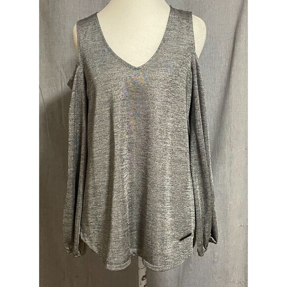 Jones New York Signature Cold Shoulder Metallic Grey Knit Top Size S NWT - Picture 2 of 15
